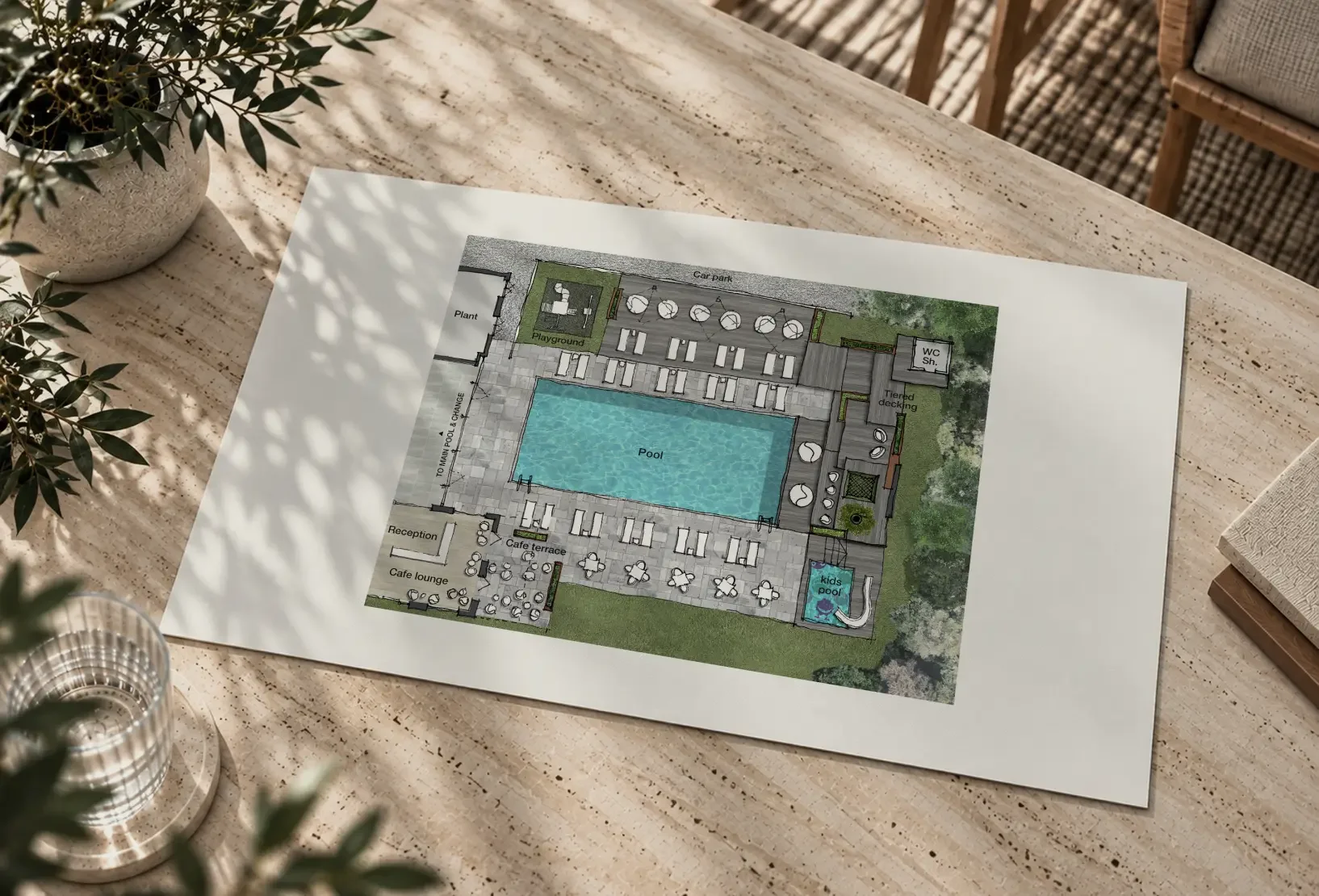 Concept plan showing the proposed outdoor pool, terraces and external leisure spaces at Lower Mill Estate Spa.
