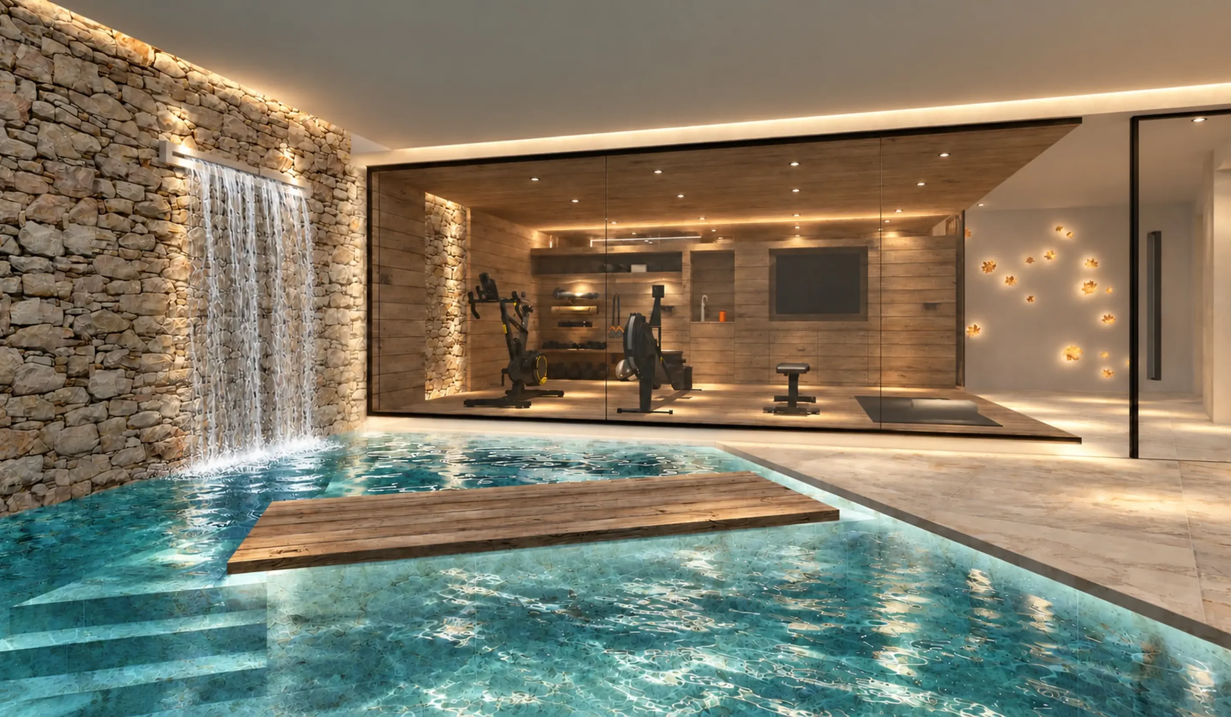 15-metre residential swimming pool with natural stone walls and waterfall feature, looking through full-height glazing into the home gym.
