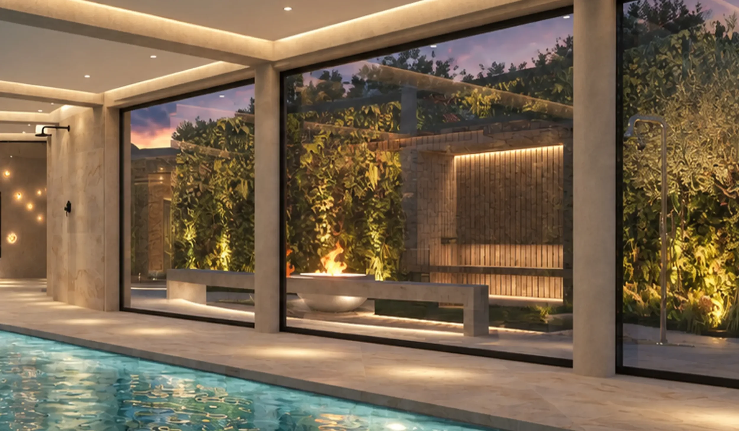 Residential spa garden viewed from the pool, with sauna, outdoor shower, integrated seating, planting and fire pit.