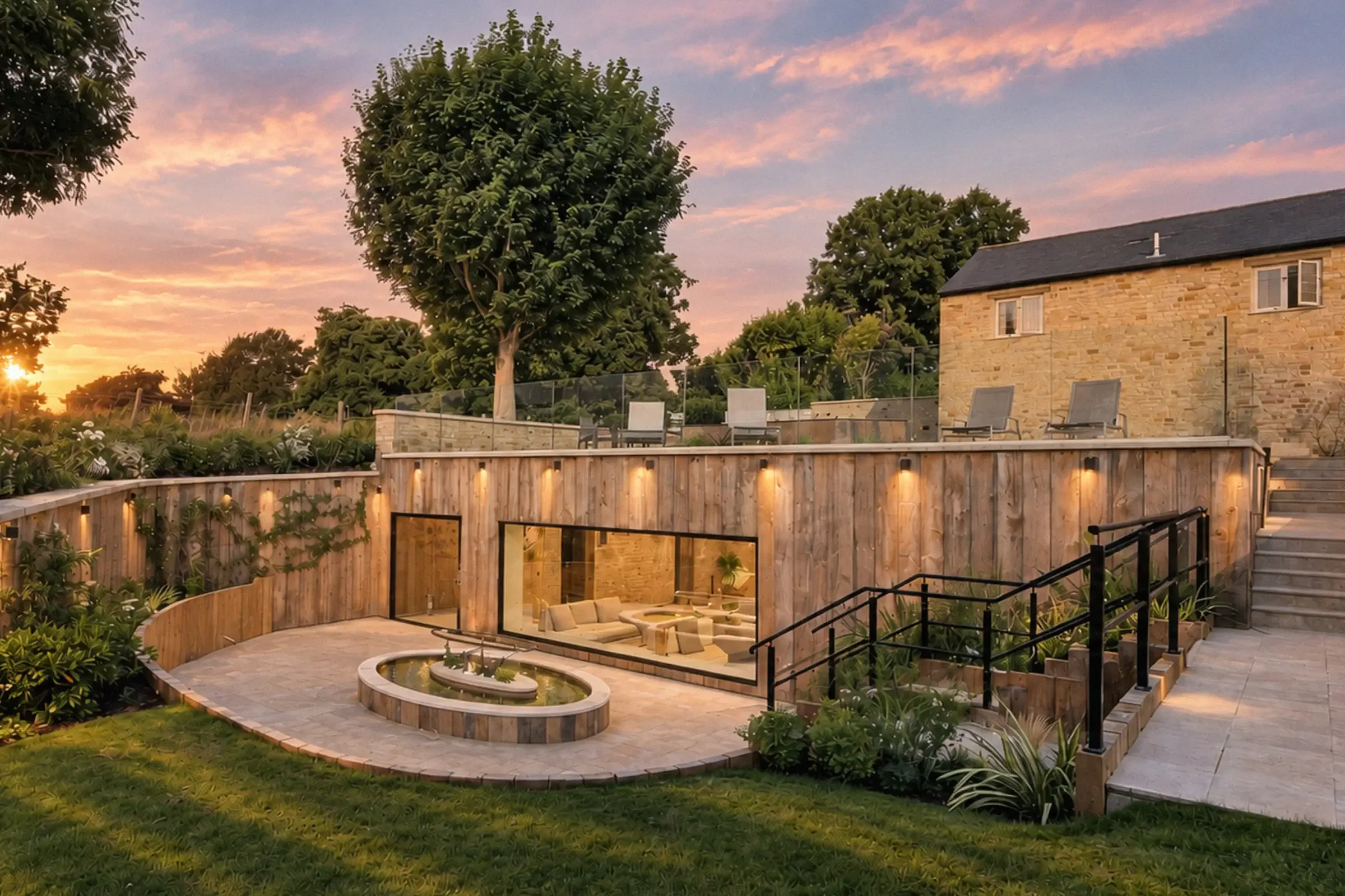 Homefield Grange spa garden with outdoor Kneipp walk and landscaped wellness terrace.