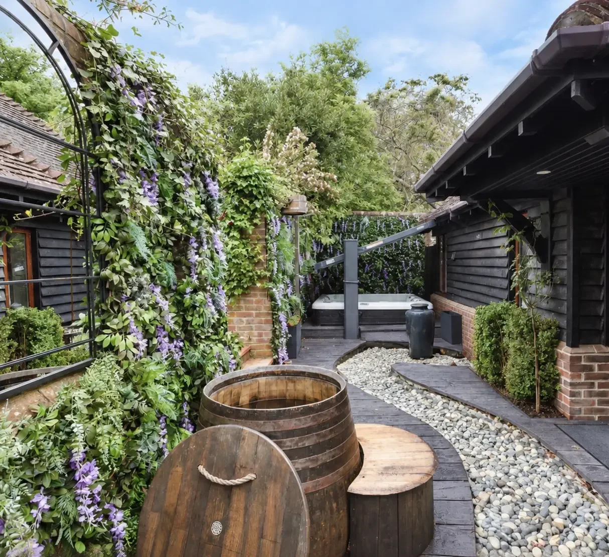 Outdoor wellness area at Quob Park Rose Spa in Hampshire.