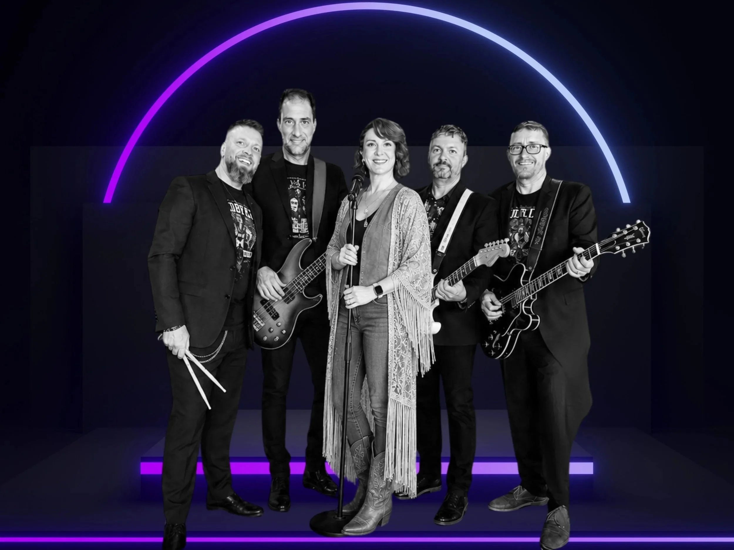 A black-and-white photo of five band members on stage, with neon purple arch and lines in the background. The woman in the center holds a microphone, and the men hold guitars and drumsticks.