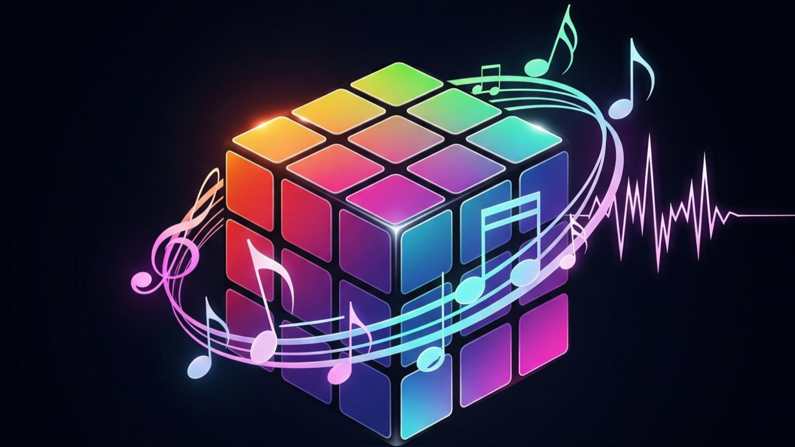 A glowing, colorful Rubik's Cube with musical notes and a soundwave surrounding it, set against a dark background.