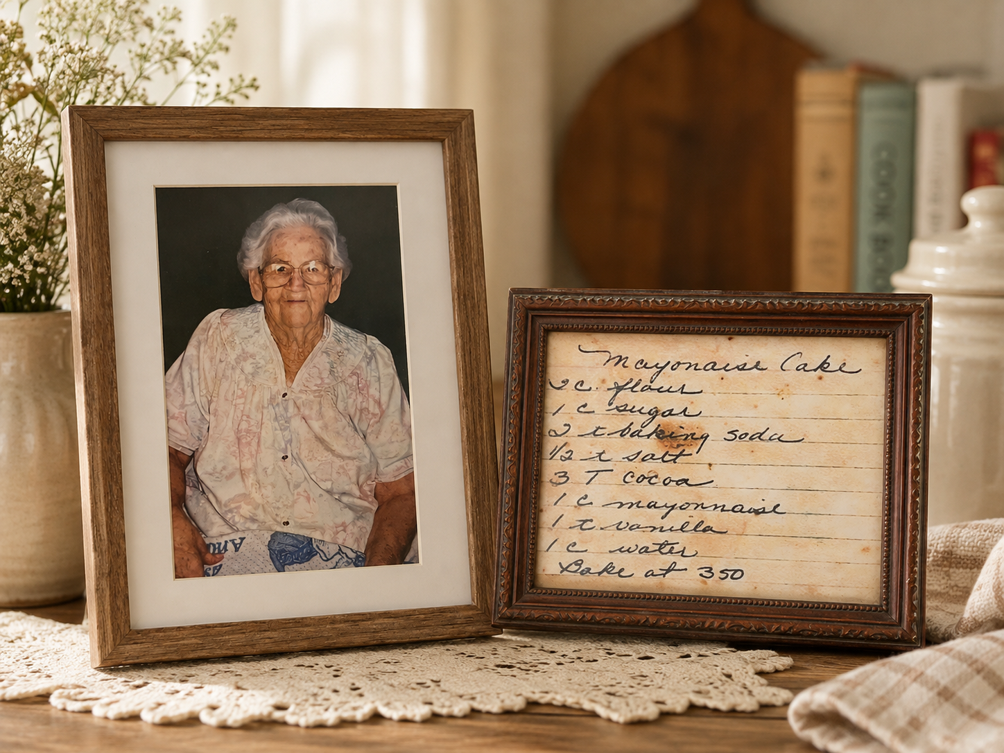 A framed photograph of an elderly woman with short gray hair and glasses, placed next to a handwritten recipe for mayonnaise cake on a decorative frame, both on a table with lace cloth.