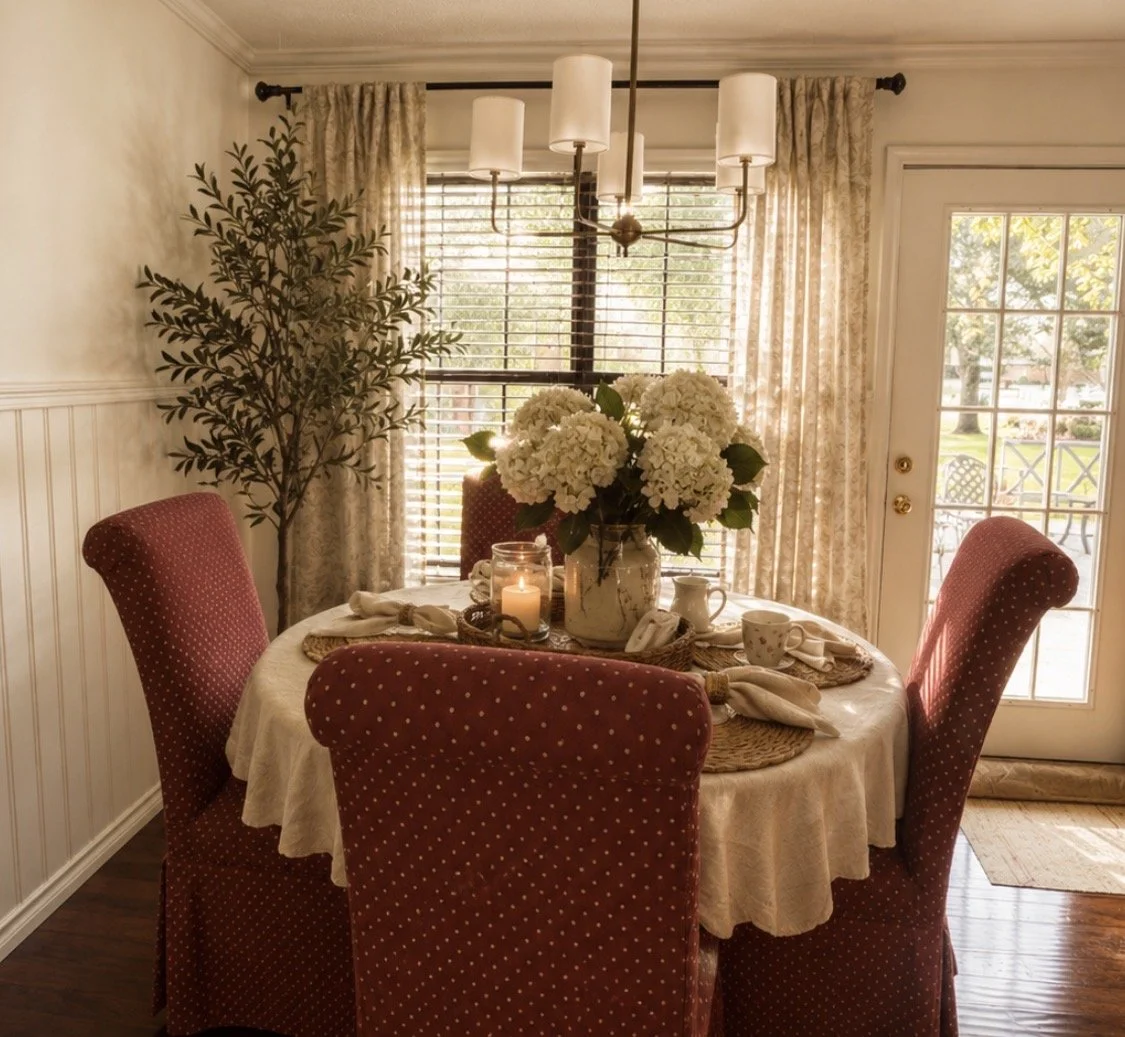 A cozy dining room with a round table covered with a white tablecloth, surrounded by four red upholstered chairs with white polka dots. The table has a large bouquet of white hydrangeas in a vase, a lit candle in a jar, and place settings with napkins and mugs. There are windows with wooden blinds and floral curtains behind the table, and a glass door to the right, leading outside to a patio with trees and outdoor furniture.