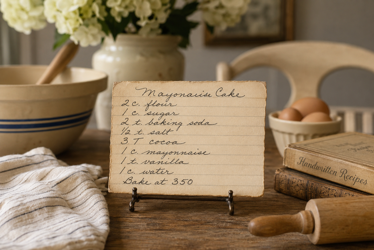 Handwritten recipe for Mayonnaise Cake on a small stand, surrounded by baking ingredients like eggs, a rolling pin, a mixing bowl, a vase with hydrangeas, and cookbooks in a cozy kitchen setting.