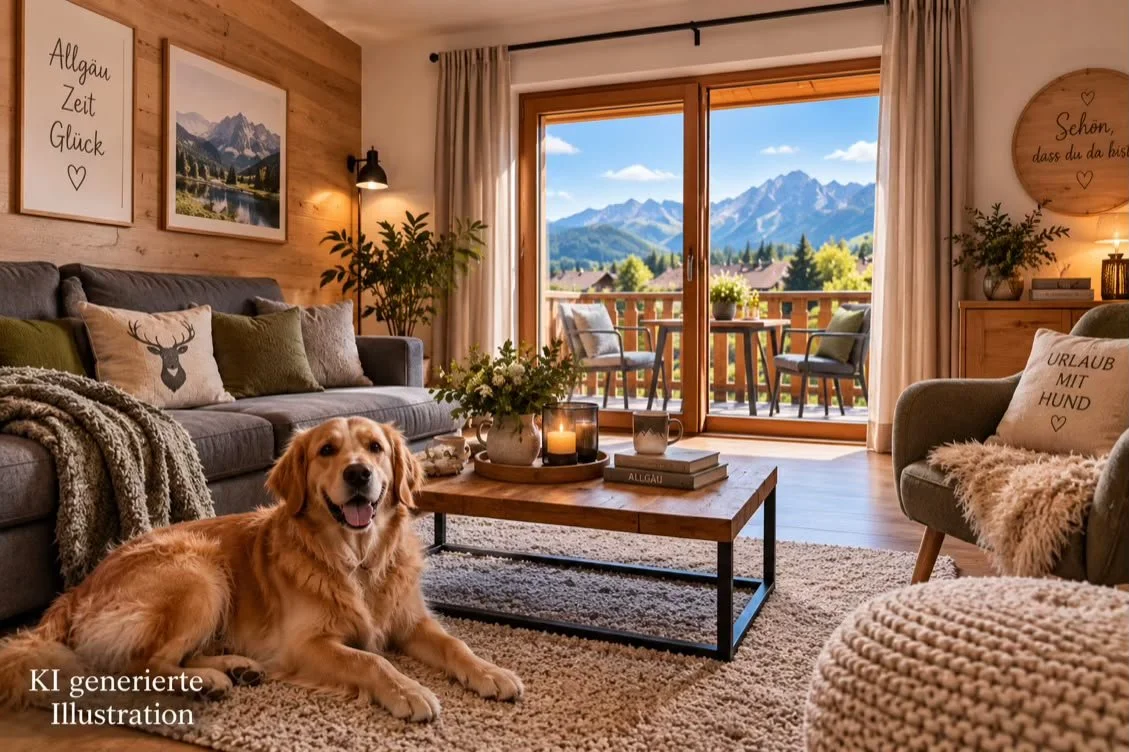 KI generierte Illustration einer hundefreundlichen Ferienwohnung in Pfronten im Allgäu mit gemütlichem Wohnbereich, Balkon und Bergblick