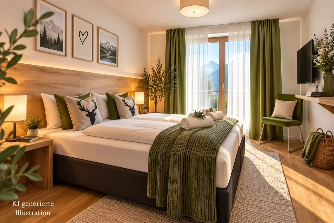 KI generierte Illustration eines gemütlichen Schlafzimmers in einer familienfreundlichen Ferienwohnung in Pfronten im Allgäu mit Bergblick