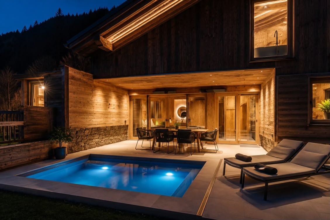 Luxus-Chalet bei Füssen im Allgäu mit gemütlichem Wohnbereich, privater Sauna und Pool; Hunde sind erlaubt.