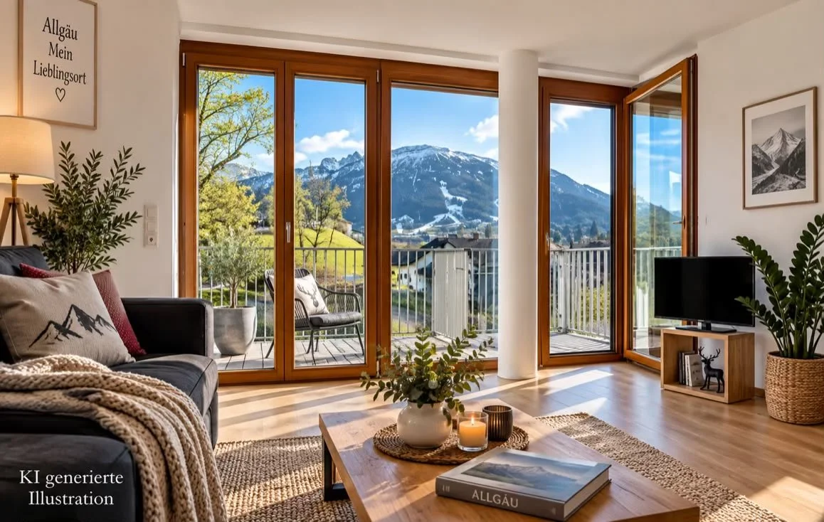 KI generierte Illustration einer modernen Ferienwohnung Sonnenfreude in Pfronten im Allgäu mit schwarzem Sofa, Pflanzen, Balkon und Bergblick