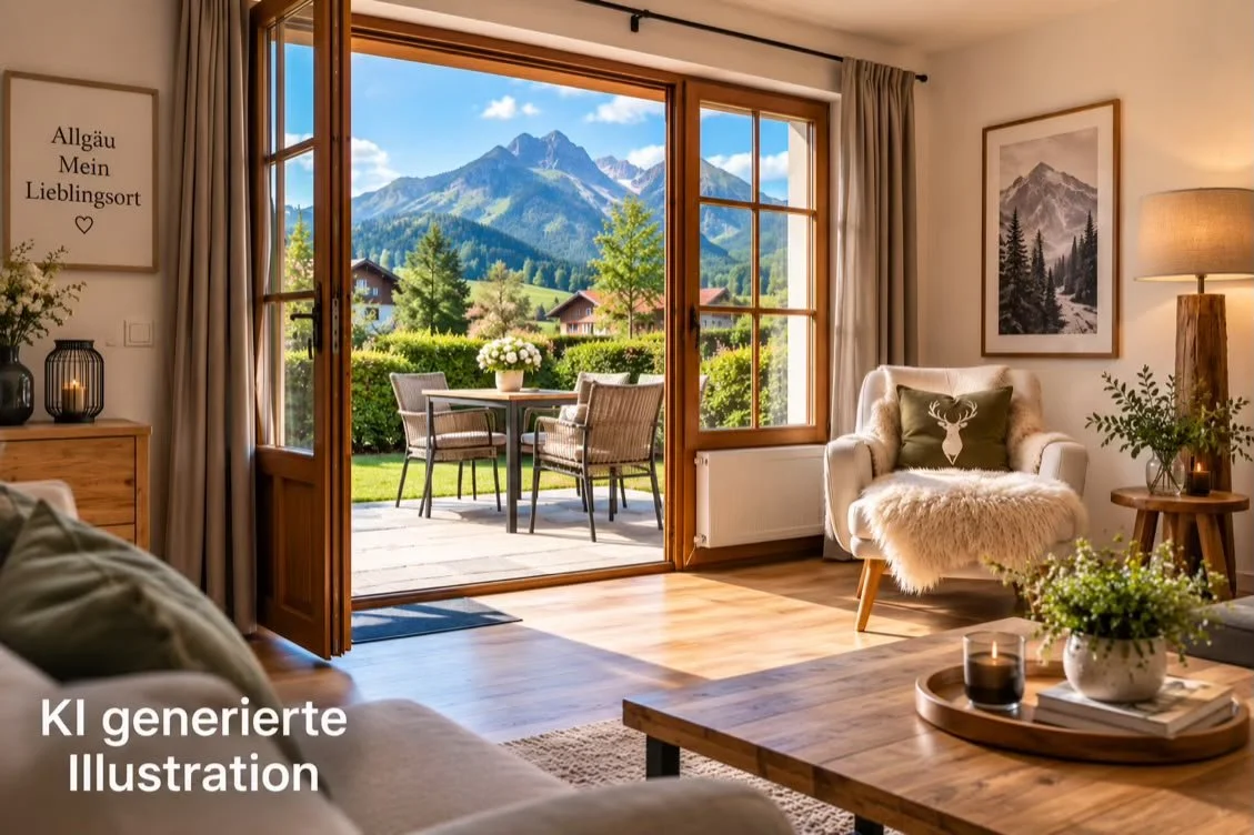 KI generierte Illustration einer gemütlichen Ferienwohnung in Pfronten im Allgäu mit Terrasse, Garten und Blick auf die Berge