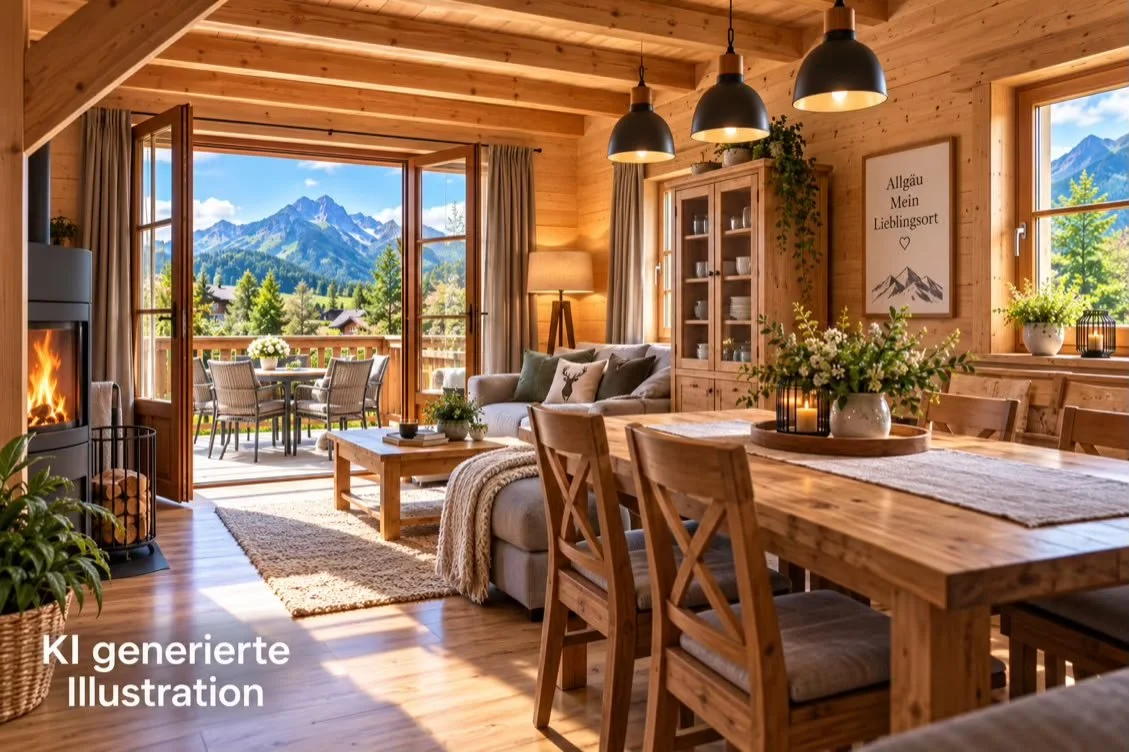 KI generierte Illustration eines gemütlichen Chalets in Pfronten im Allgäu mit viel Holz, Wohnbereich und Bergblick