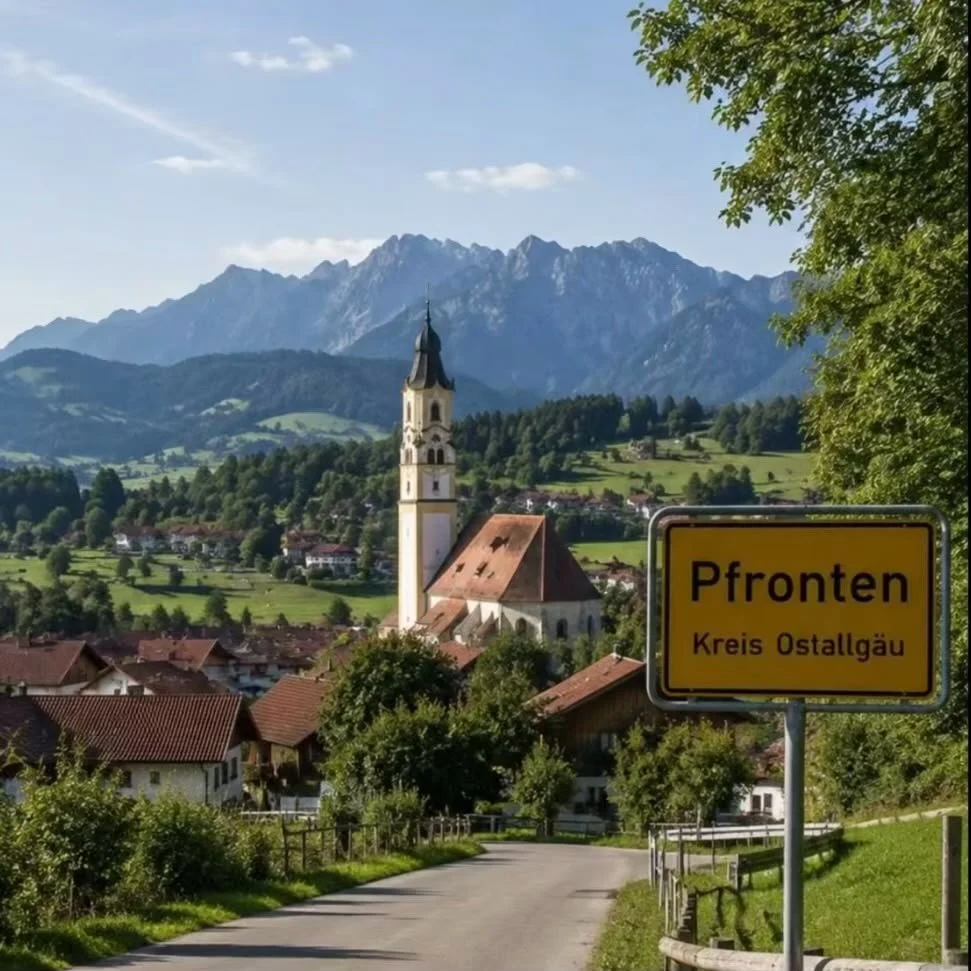 Ortsansicht von Pfronten im Allgäu mit Kirche, traditionellen Häusern, grünen Wiesen und den Allgäuer Alpen im Hintergrund.