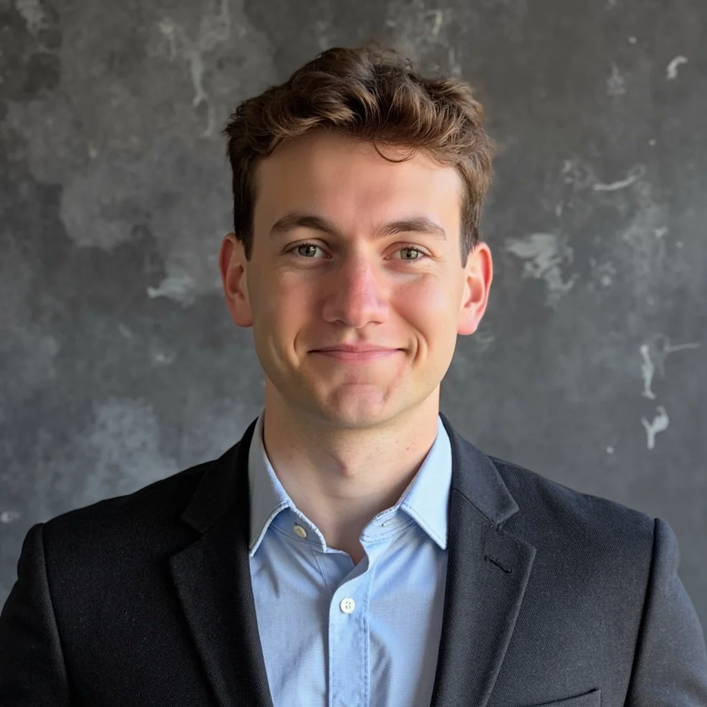 professional headshot of Ethan Sweet wearing professional dark blazer and light blue shirt on gray background