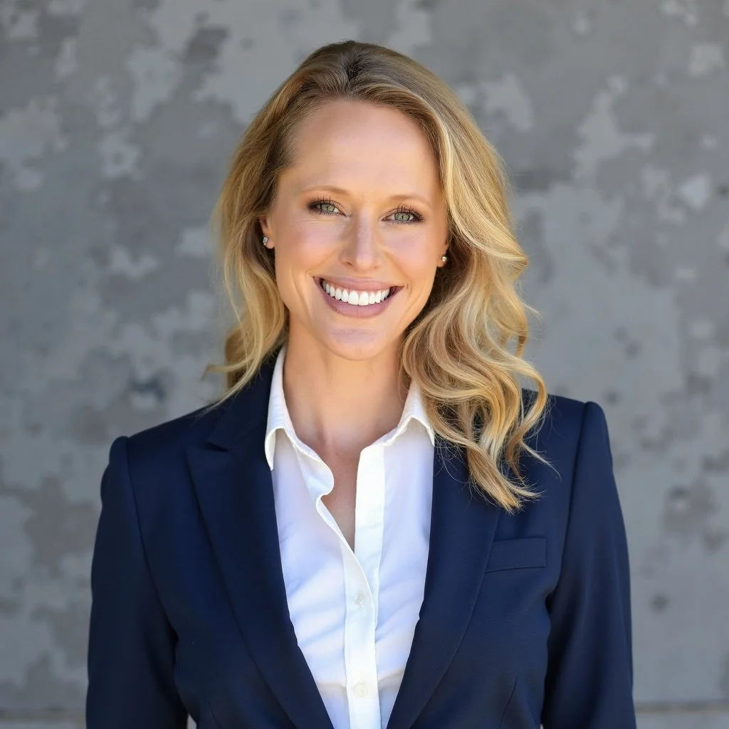 professional headshot of Grace Lange wearing professional navy blue blazer on gray background