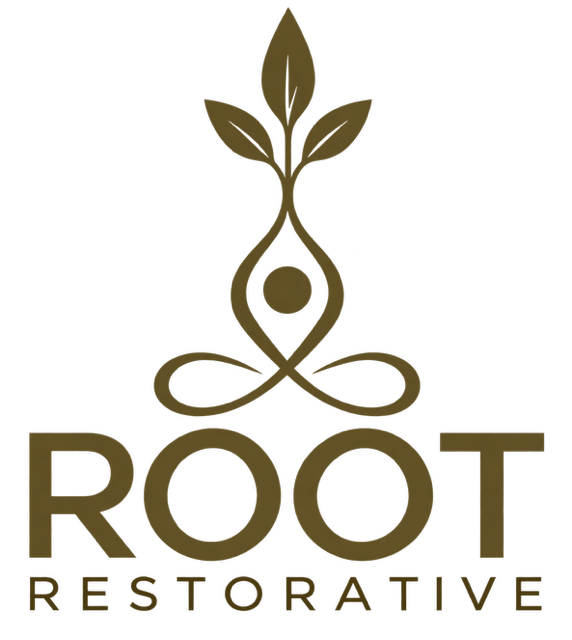 A logo with a stylized tree and leaves above the word "ROOT" and the subtext "Restorative" underneath.