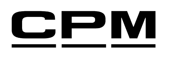 Black logo with the letters 'CPM' in bold font.