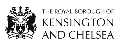 Logo of the Royal Borough of Kensington and Chelsea with a crest featuring a lion and a unicorn
