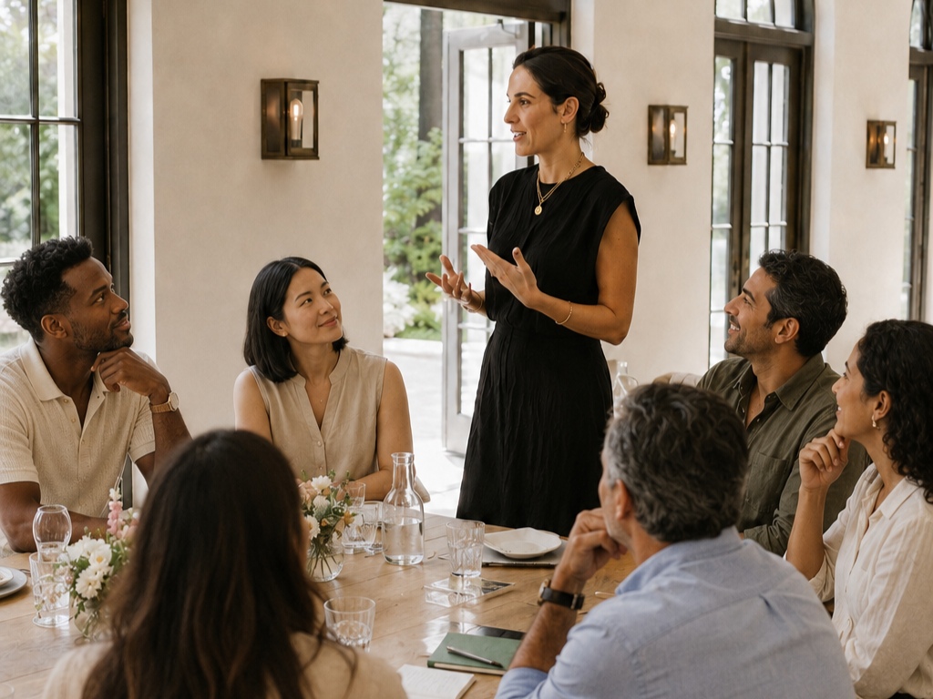 A woman standing and speaking to a group at a dining table in a well-lit room, with people listening and smiling.