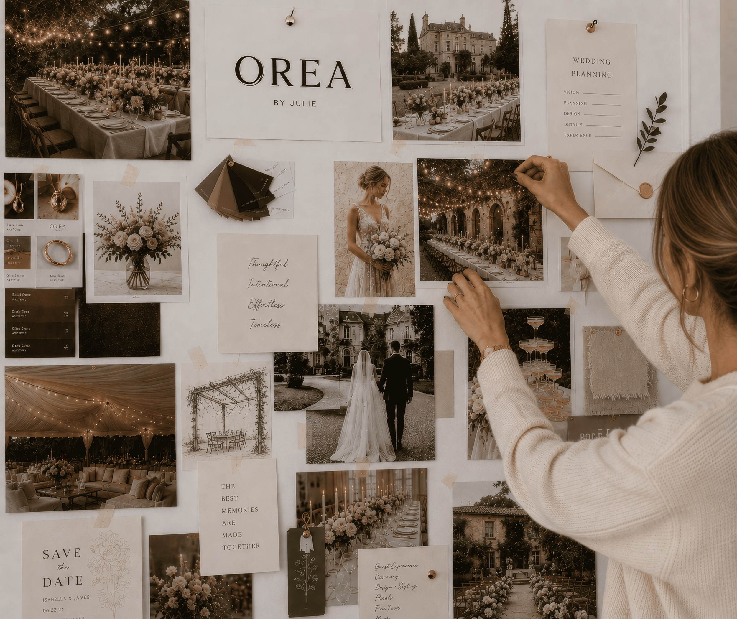 A person is working on a wedding planning mood board aesthetic, featuring photos of decorated outdoor reception areas with floral arrangements, candles, and elegant table settings, along with design sketches, color swatches, and sample materials.