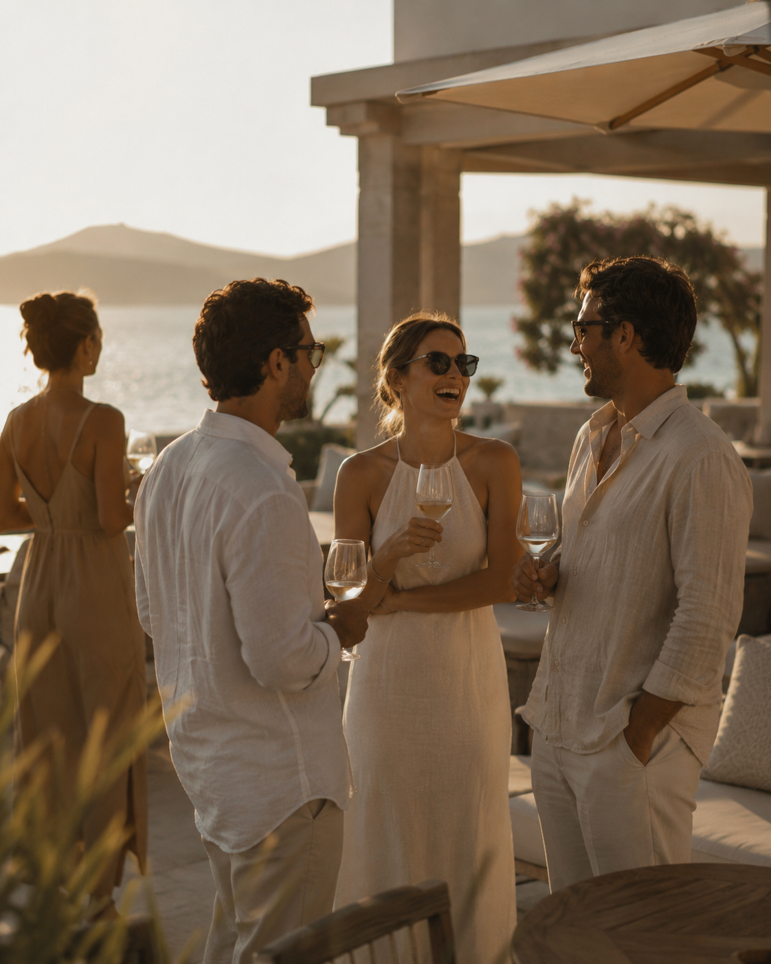 People enjoying drinks and conversation at an outdoor seaside gathering during sunset.