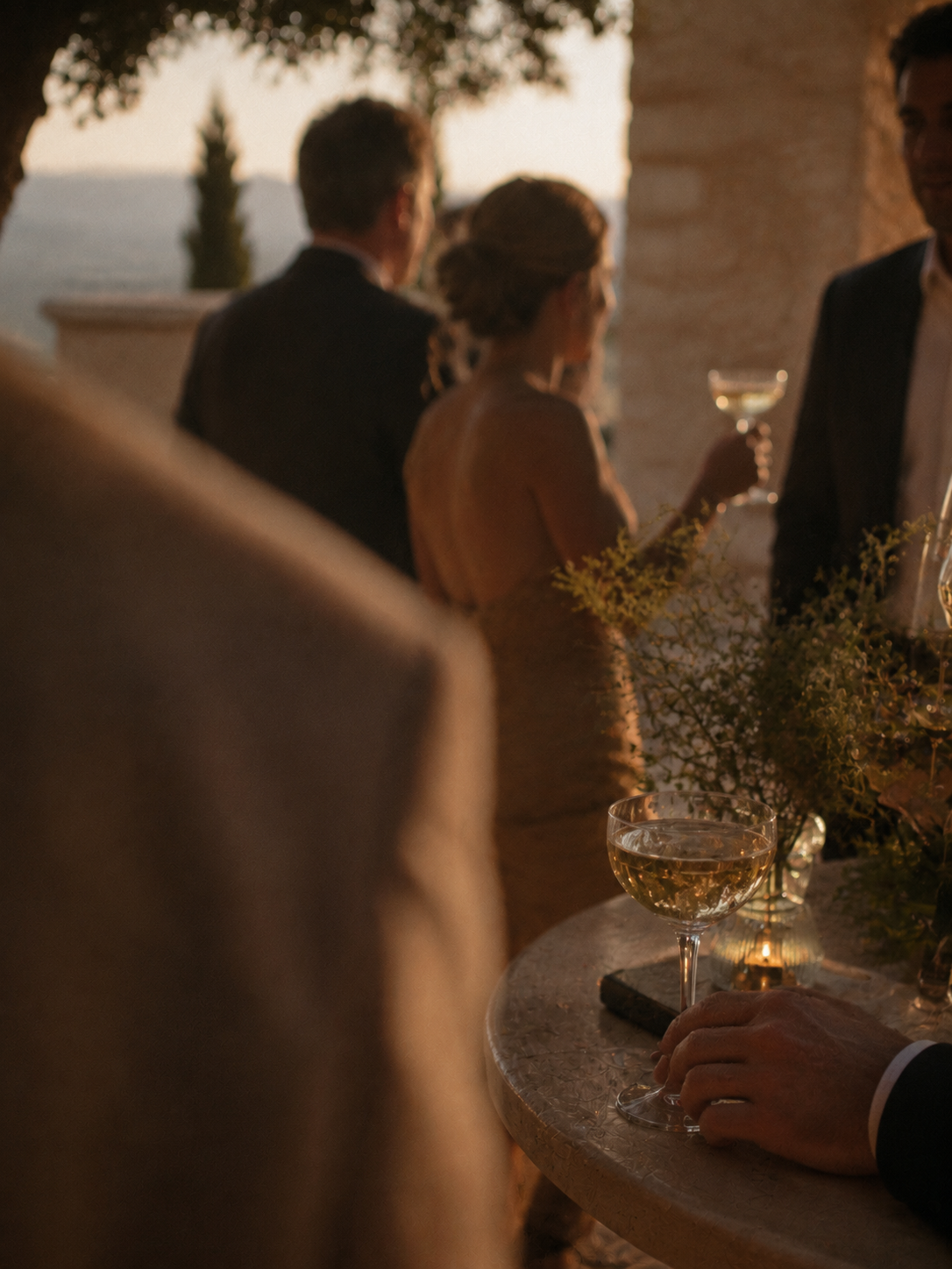 People in formal attire holding glasses of white wine or champagne at an outdoor social gathering during sunset, with blurred background of trees and distant landscape.