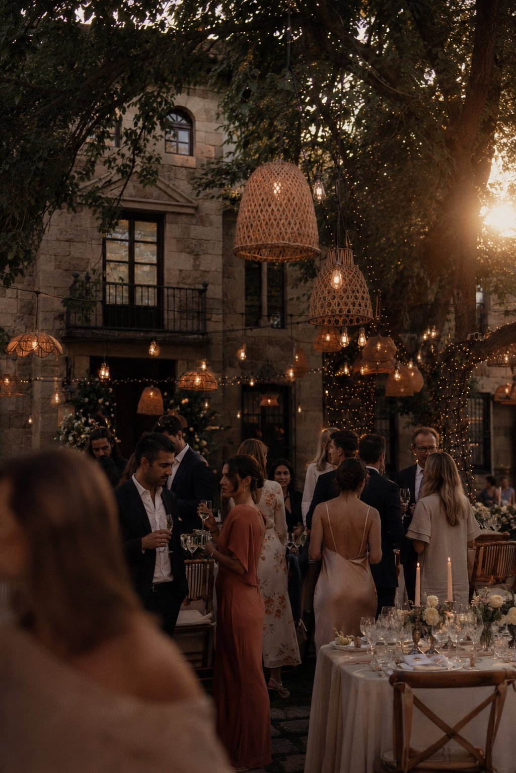 People attending an outdoor evening event, likely a wedding reception, under hanging wicker lanterns and string lights in a garden setting with stone buildings in the background.