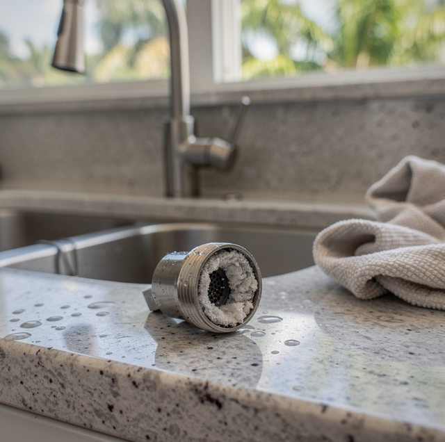 A disassembled faucet aerator sits on a speckled kitchen counter next to a cloth towel near a sink and window.