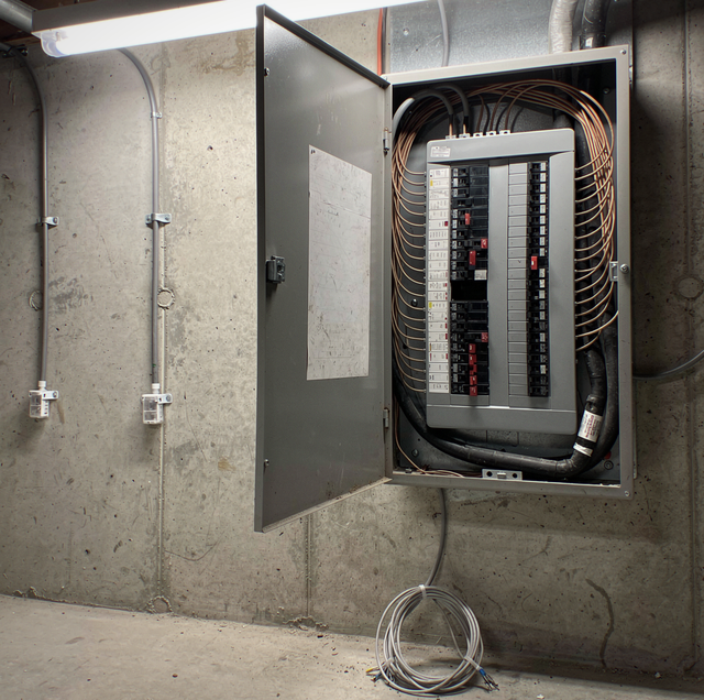 electrician testing residential breaker panel with multimeter