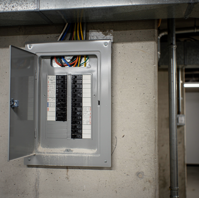 Labeled breakers in open electrical panel feeding one appliance
