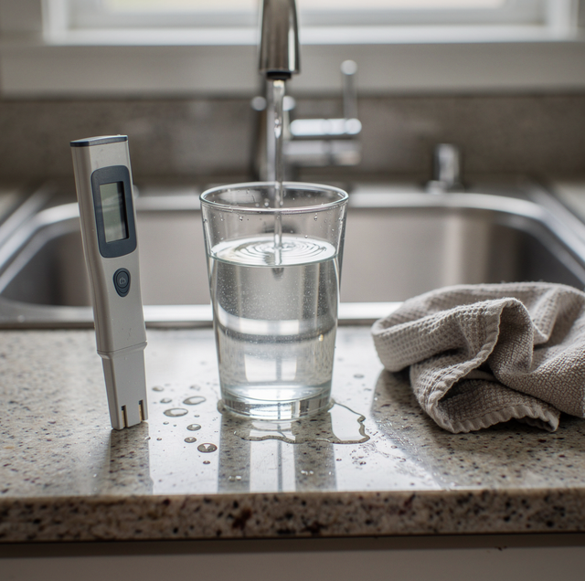 Kitchen counter with a glass of water, measuring device, paper towel holder, spray bottle, notebook and pen near a window.