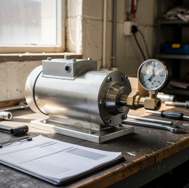 Industrial pump with electric motor and pressure gauge mounted on concrete floor in a warehouse building.