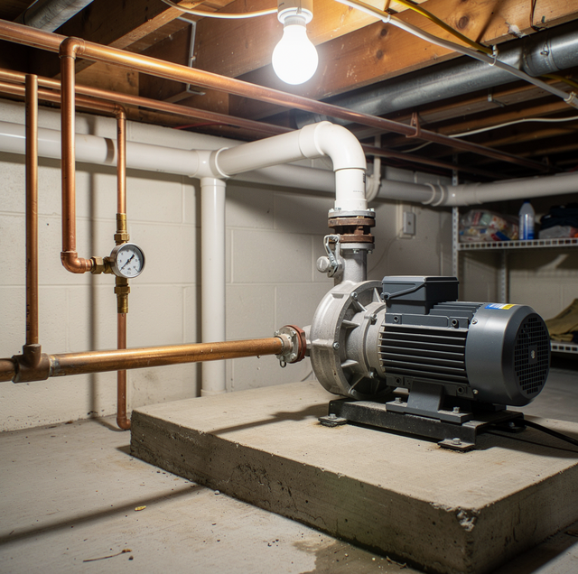 technician installing industrial water pump in utility room