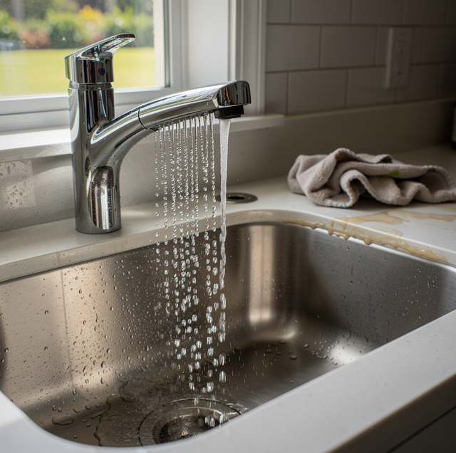Kitchen faucet sputtering water with trapped air bubbles