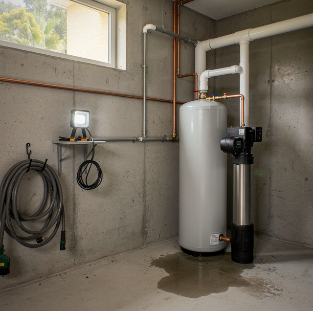 technician repairing industrial water pump in utility room