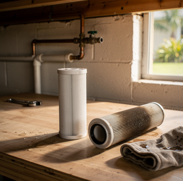 Dirty sediment water filter cartridge beside clean replacement