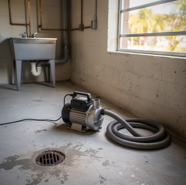 A utility pump with metal hose sits on a concrete basement floor next to a sink and window.