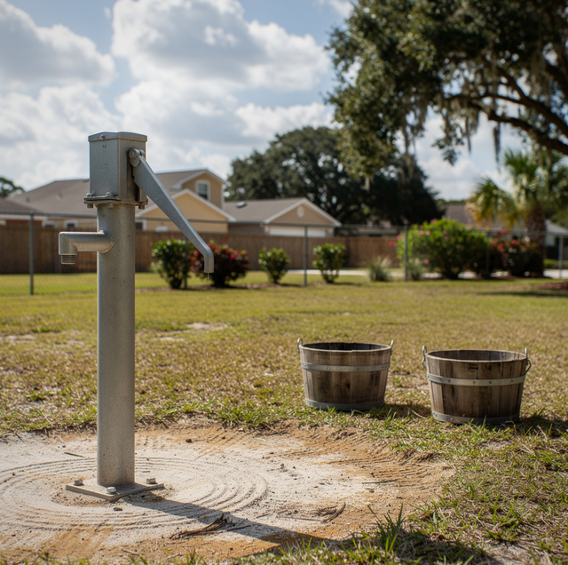 A metal water pump with two wooden buckets on grass near houses and trees under a cloudy sky.