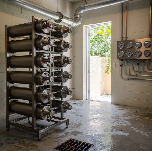 industrial water filtration system with pressure gauges and membranes