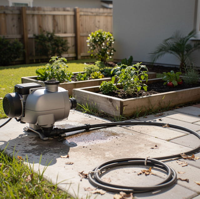 Water pump and hose on patio next to wooden raised garden beds with plants and flowers in backyard.