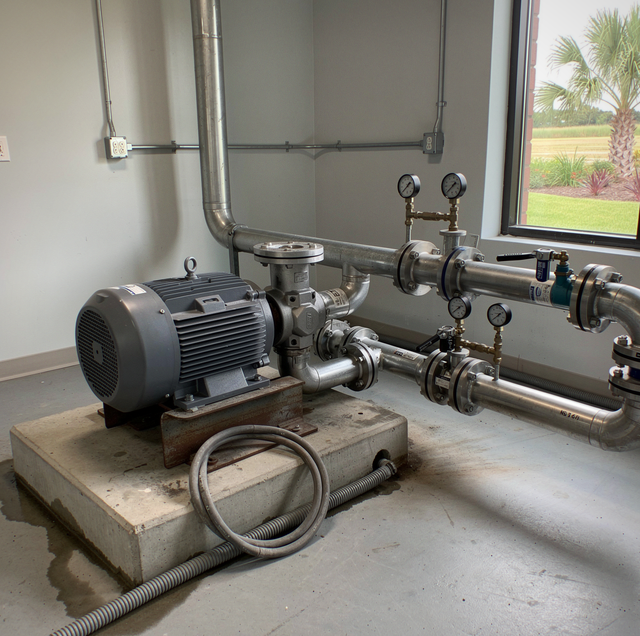 industrial centrifugal pump mounted on factory floor piping