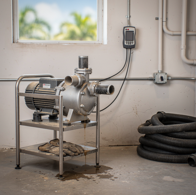 industrial transfer pump leaking fluid onto concrete floor