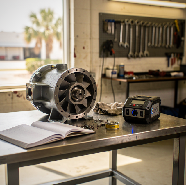 Electric motor and measuring device sit on a metal table in a workshop with tools on a pegboard wall.