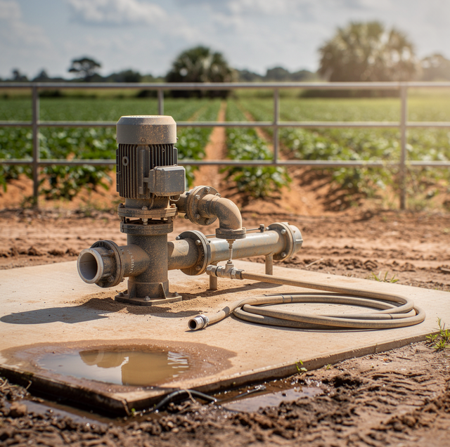 irrigation pump repaired beside sprinkler watering crop rows
