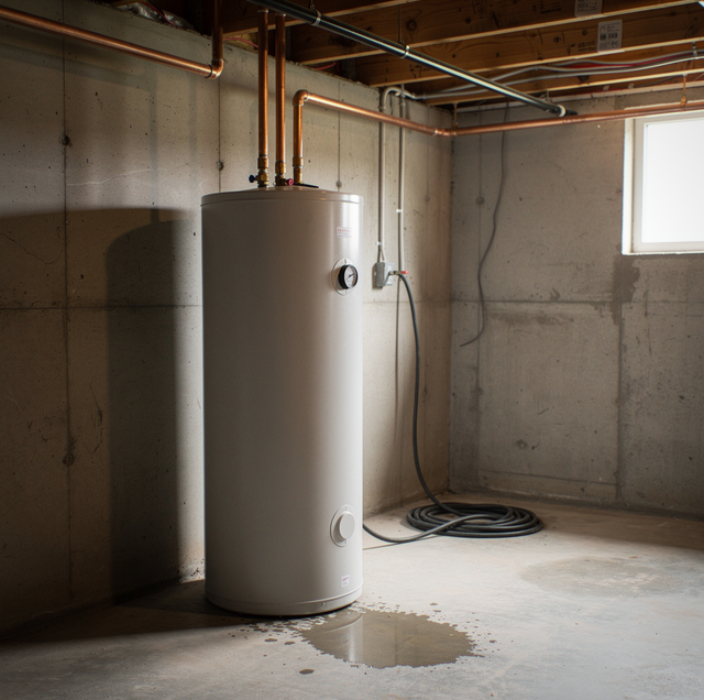 White cylindrical tank with copper piping, gauges, and valves mounted on concrete wall near a window with coiled hose on floo