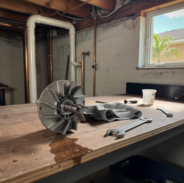 Disassembled motor fan blade and shaft on a workbench with tools and cloth in a basement.