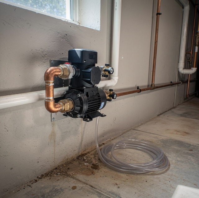 A black pump with copper pipes and brass fittings mounted on a concrete wall with clear tubing on the floor.