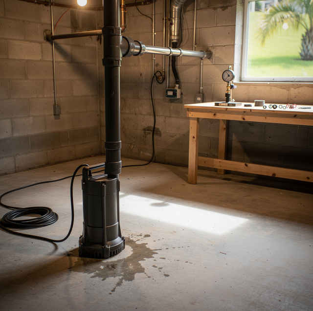 A basement with concrete floor, cinder block walls, a sump pump with black pipe and cord, wooden workbench, and window showin