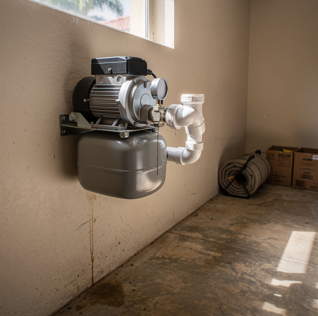 weathered jet pump beside residential well pressure tank