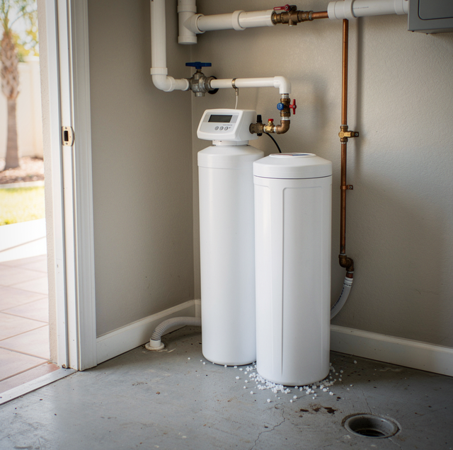 modern water softener unit connected to residential plumbing